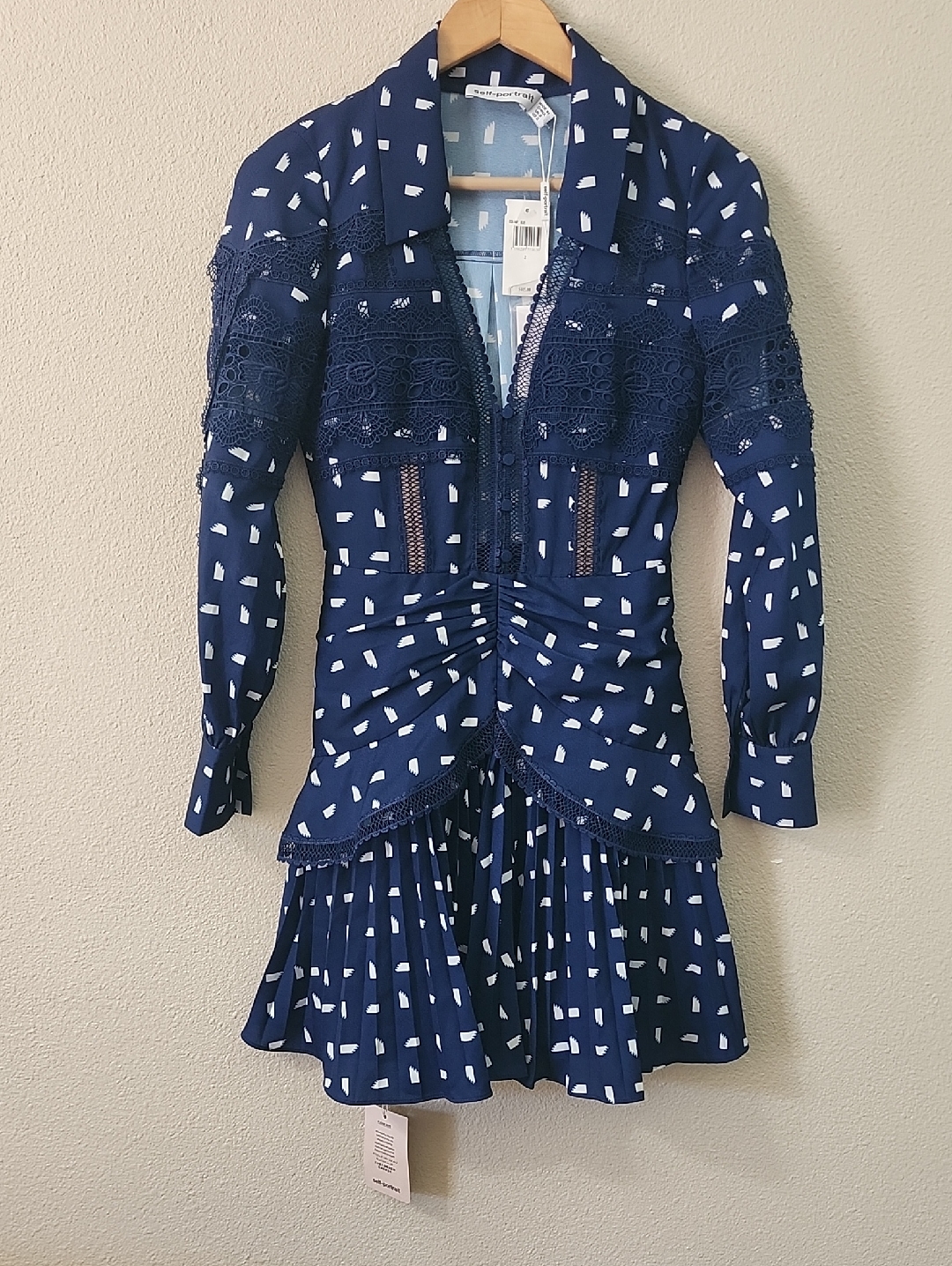 Self-Portrait Navy Blue Sail Print Lace Trim Mini Dress Size 2 Nwt